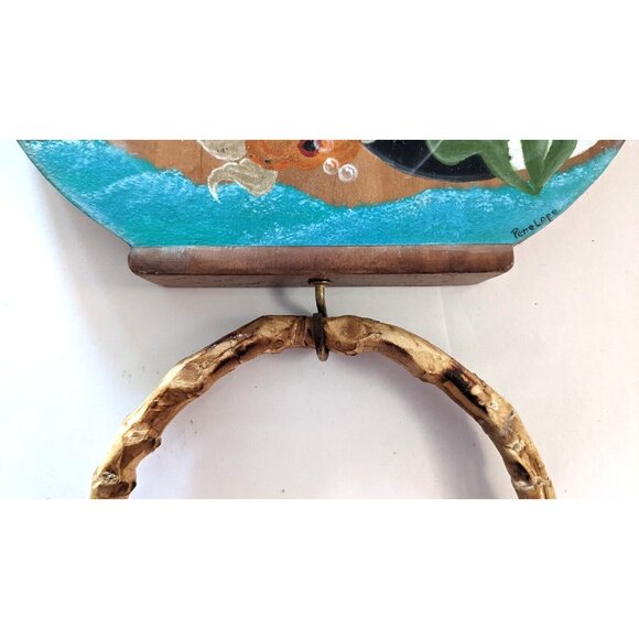 Handcrafted Towel Holder Ring Cat And Fish Bowl Wood Cottage Country StyleSigned - Picture 6 of 9